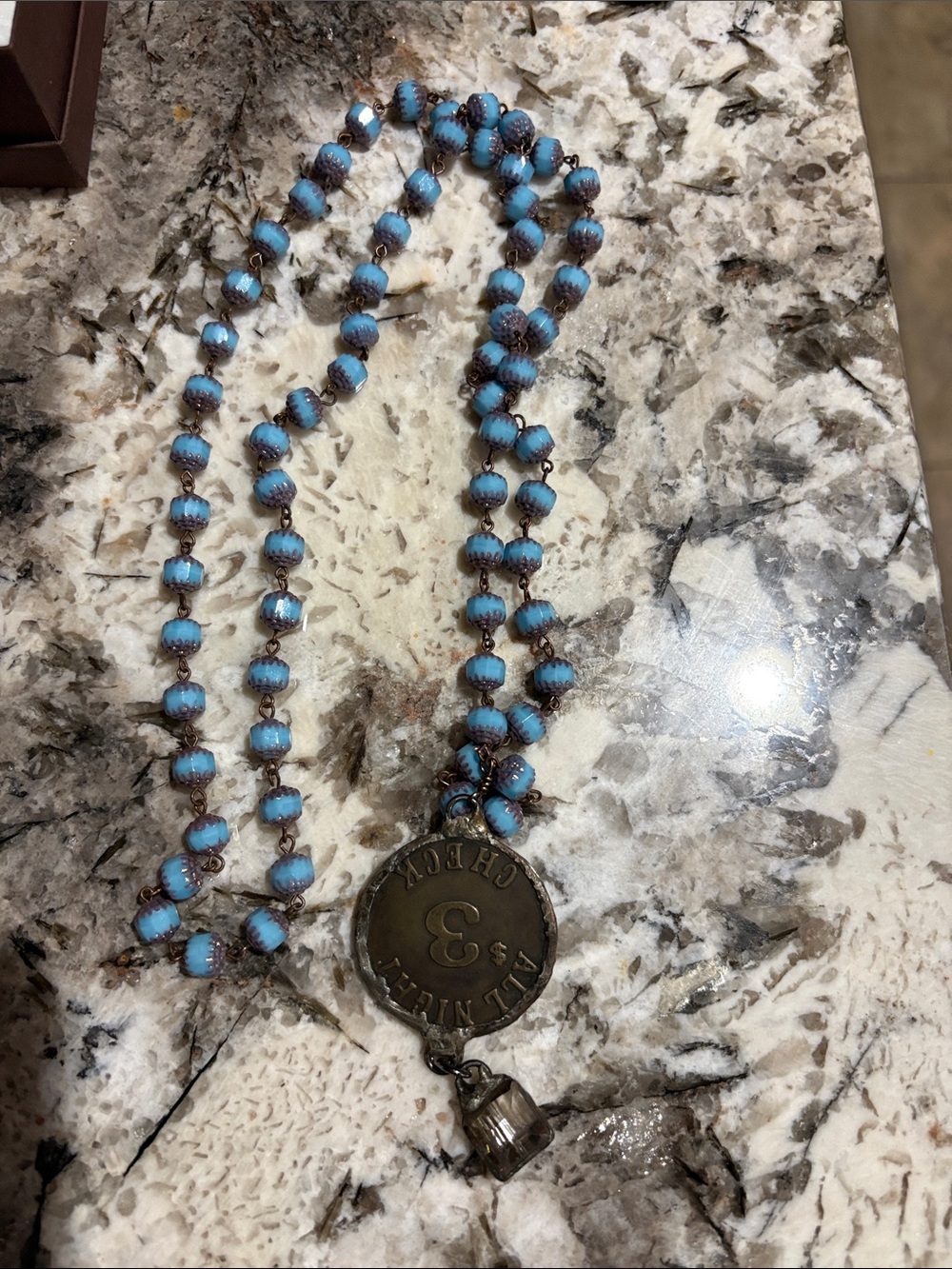 Blue Beaded Pendant Necklace with Antique Brass Medallion
